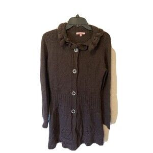 Hekla & Co Women's Cardigan Brown Ruffle Neck Long Sleeve Size Medium Wool Blend